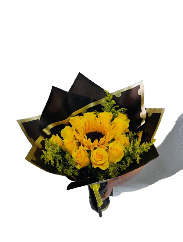 12 Yellow roses and a sunflower, wrapped in paper.