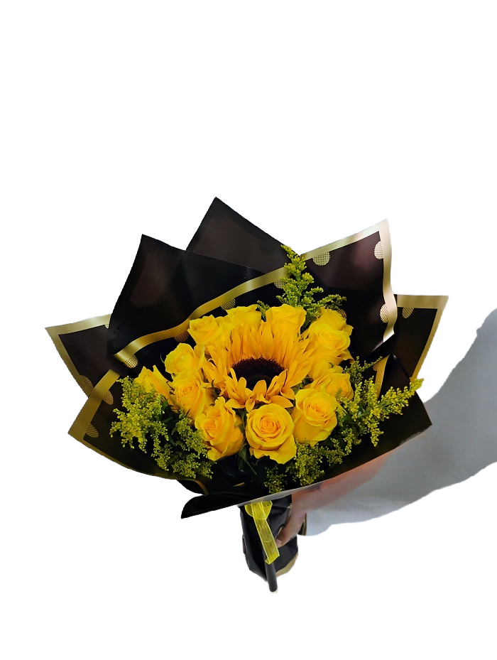 12 Yellow roses and a sunflower, wrapped in paper.
