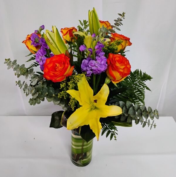 Miracle of love, high and magic roses, a lily stem and purple flowers.