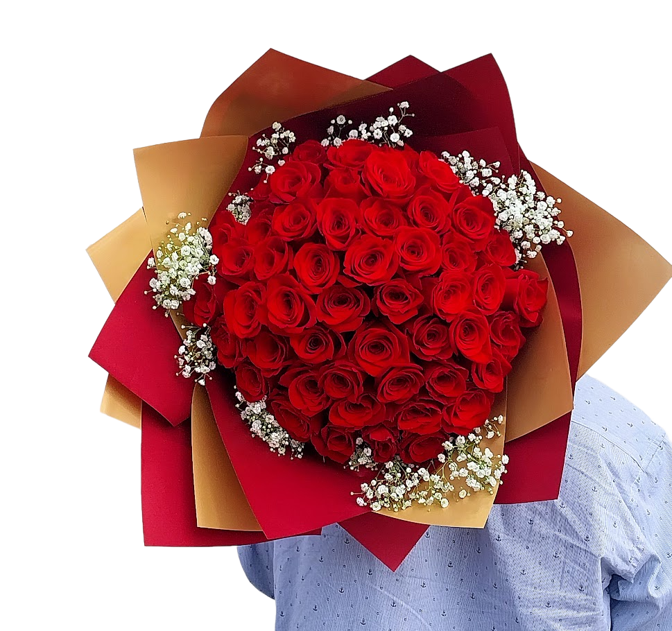 50 Red roses wrapped, fifty roses in wrapped in papper.