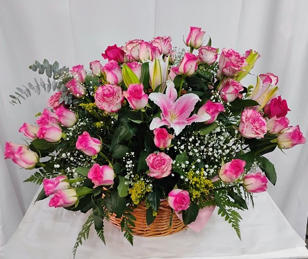 60 roses basket. basket with 60 pink roses
