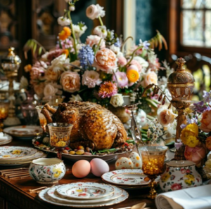 A table set up for Thanksgiving dinner with flowers in the center