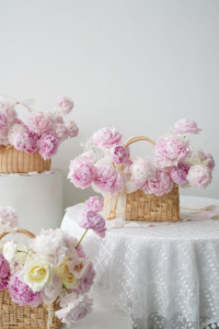 peonies in baskets