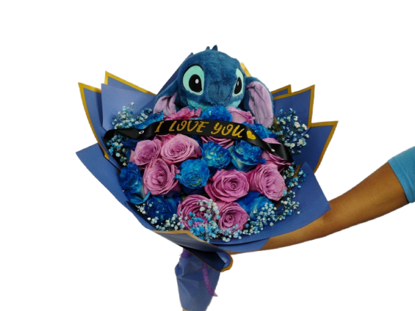 Stitch and flowers, stitch plush and flowers.