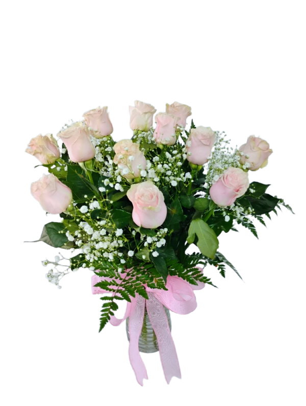 Pink for mom. 12 pink roses in a vase.