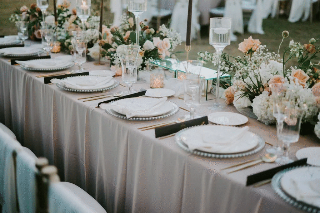 An event table can be seen with utensils and matching flowers