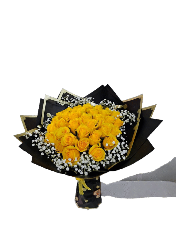 36 yellow roses, wrapped with paper.