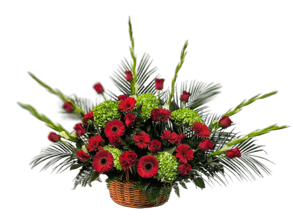 Basket with love & flowers. Basket with red and green flowers