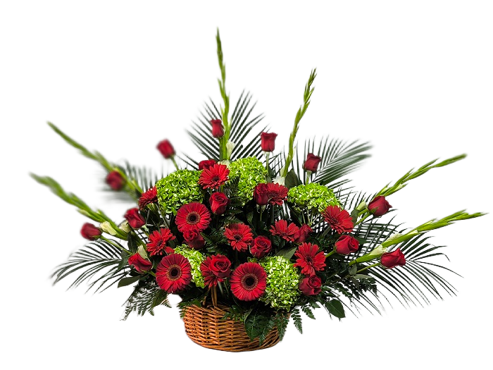 Basket with love & flowers. Basket with red and green flowers
