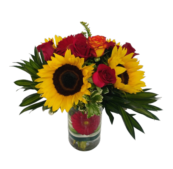 Love & art. Red roses & sunflowers beautiful design