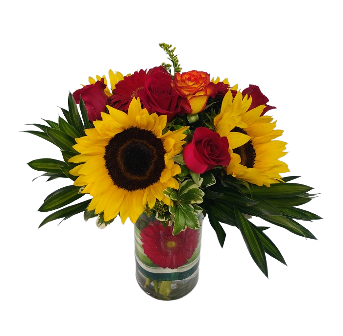 Love & art. Red roses & sunflowers beautiful design