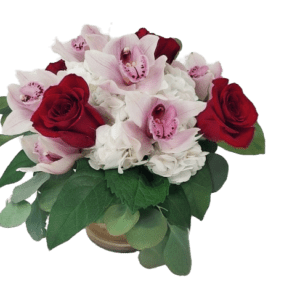 Pink orchids and red roses