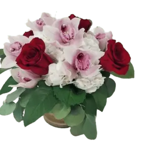 Pink orchids and red roses