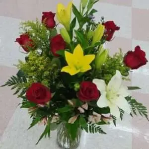 Roses and lilies arrangement.