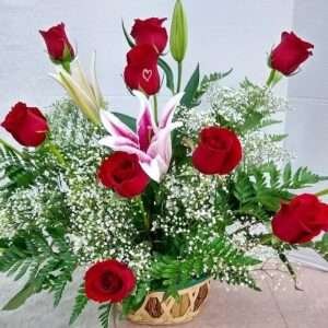 12 Red roses basket.