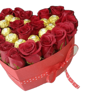 Heart shape box with roses and chocolates.