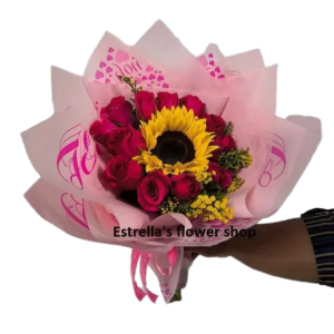 12 Pink roses-wrapped and a sunflower, wrapped roses and a sunflower.
