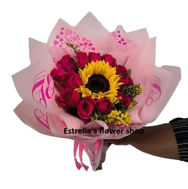 12 Pink roses-wrapped and a sunflower, wrapped roses and a sunflower.